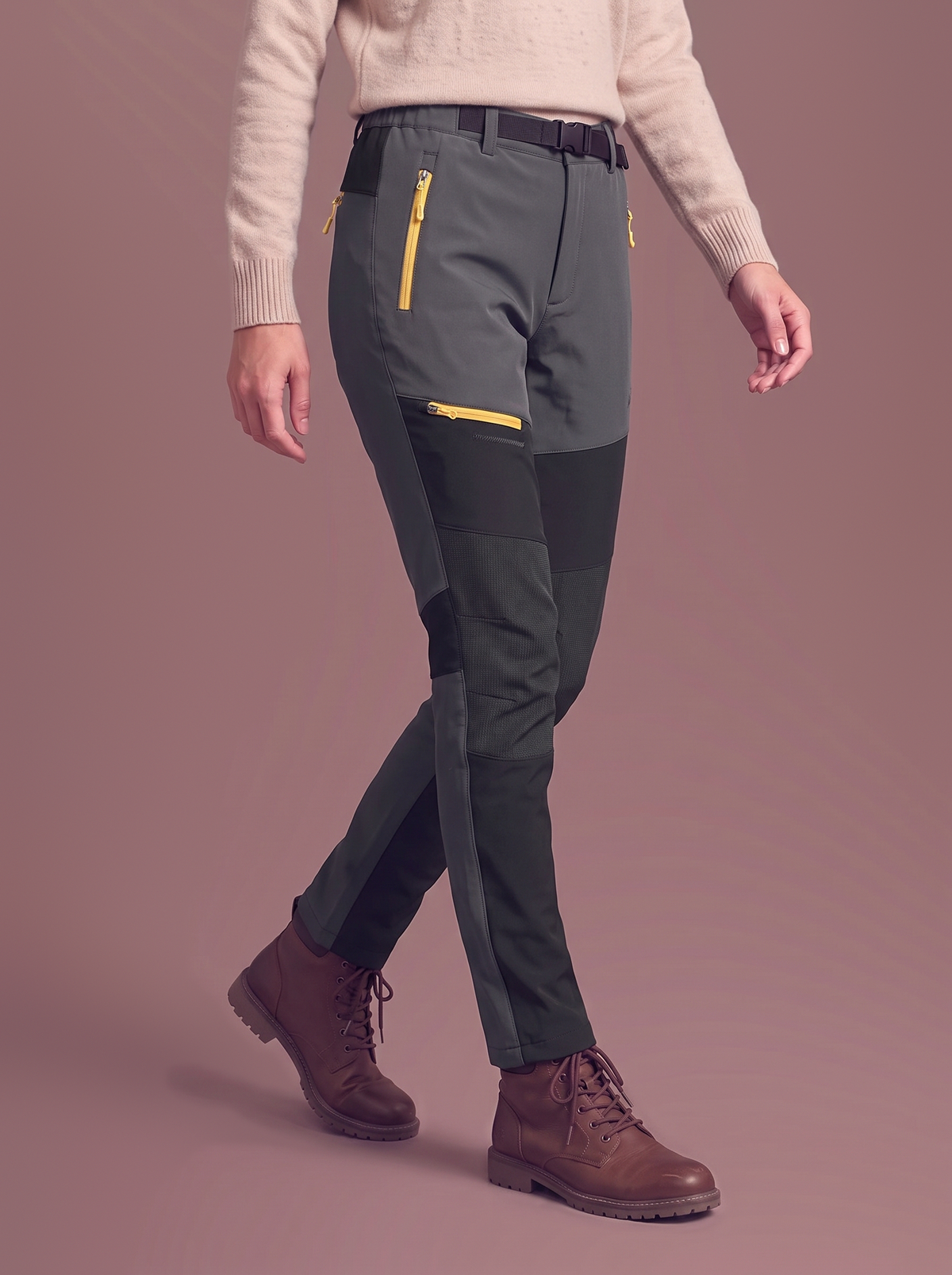 Women's grey colour-block softshell trousers, walking, studio view