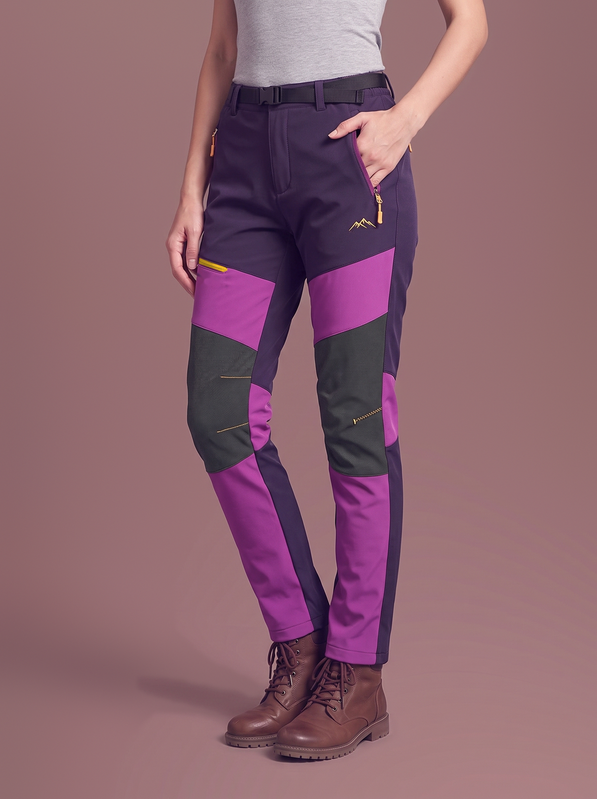 Women's purple colour-block softshell trousers, studio view