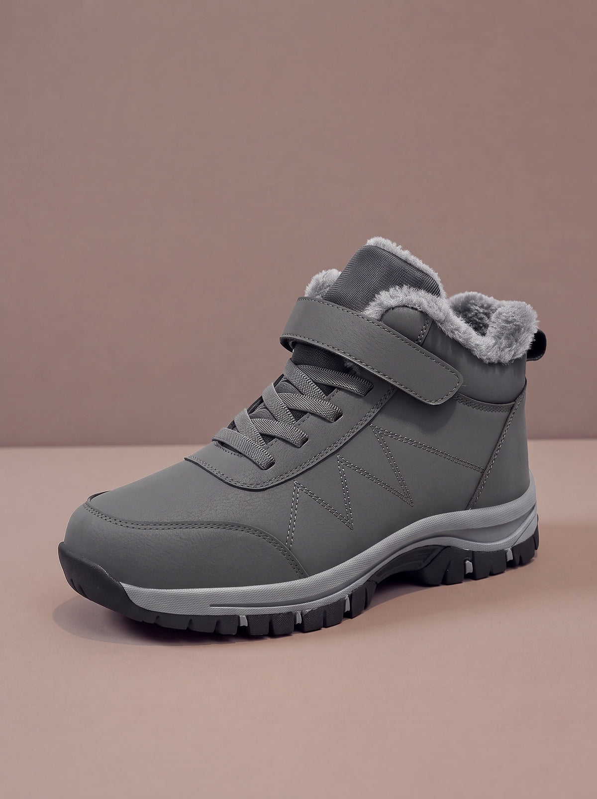 The Strap Winter Boot in grey, lace-up winter boot with strap and plush collar, studio