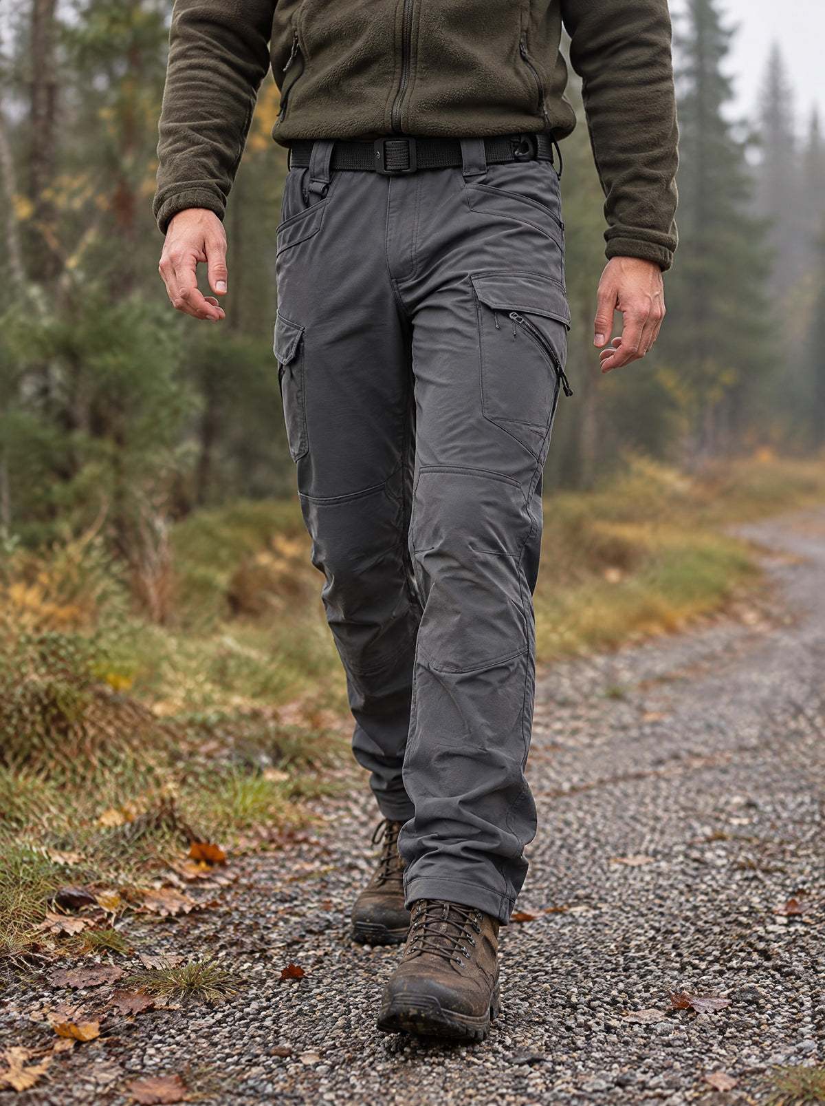 Grey stretch cargo trousers on a gravel path at the edge of a pine forest