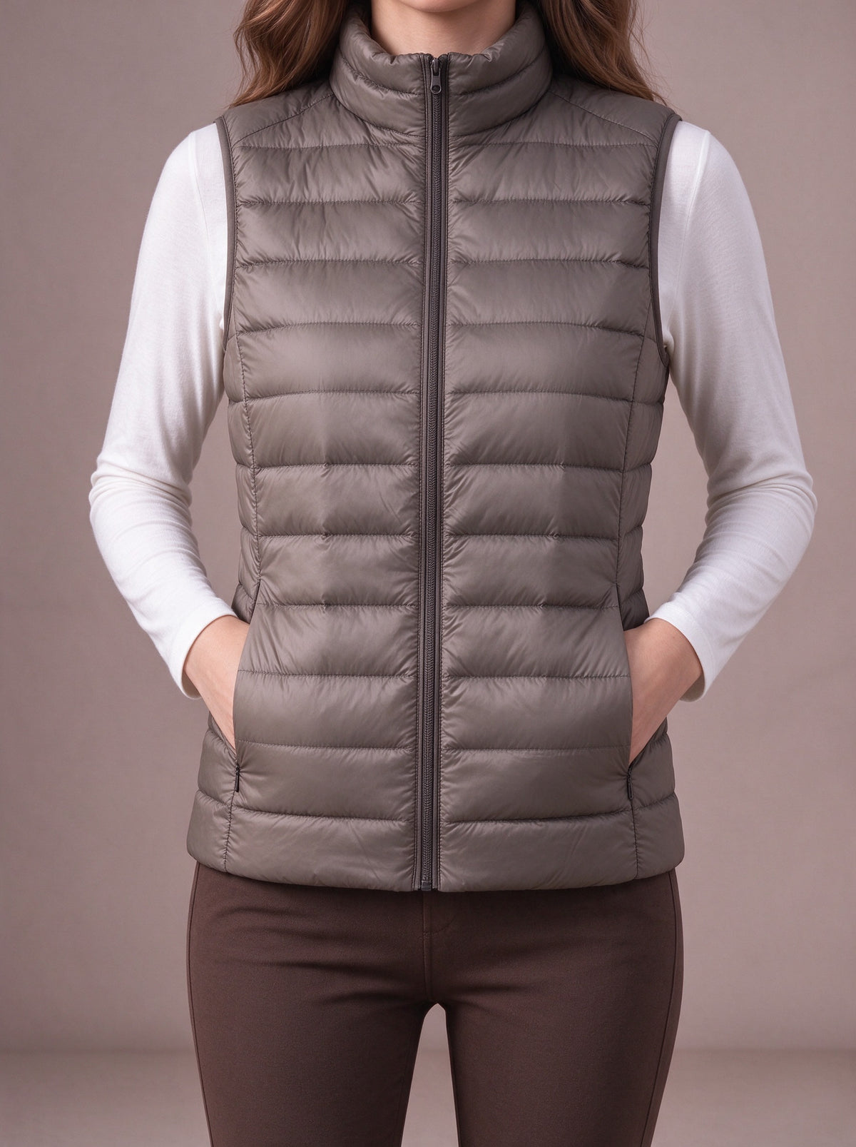 Taupe packable down vest, hands in the side pockets, studio view