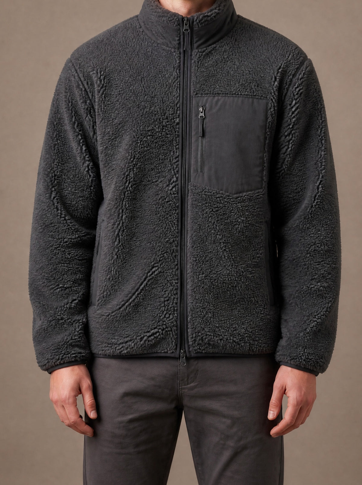 Charcoal grey teddy fleece jacket for men zipped up, studio view