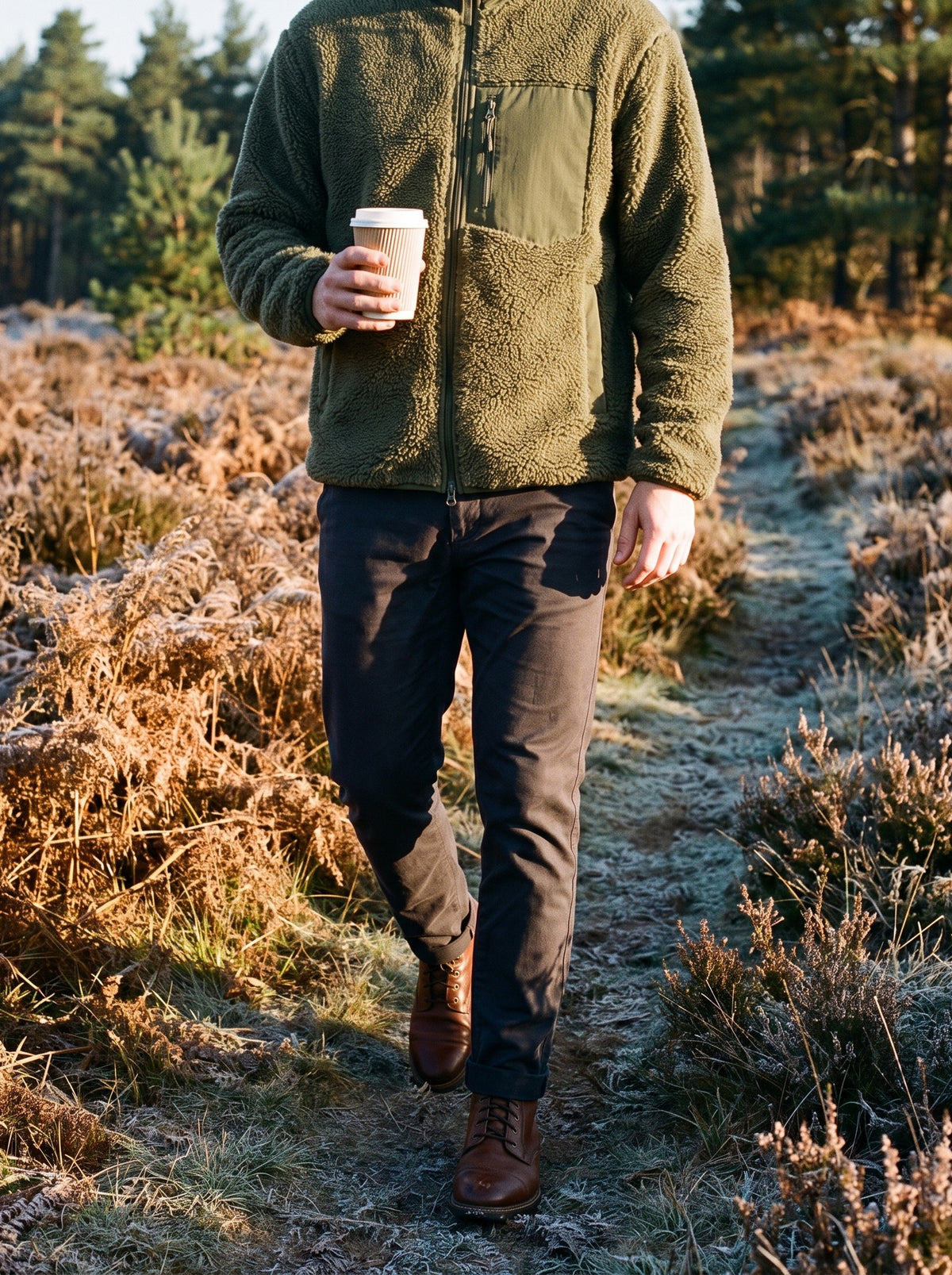 Man walking a frosty heath trail with a coffee in the army green teddy fleece jacket