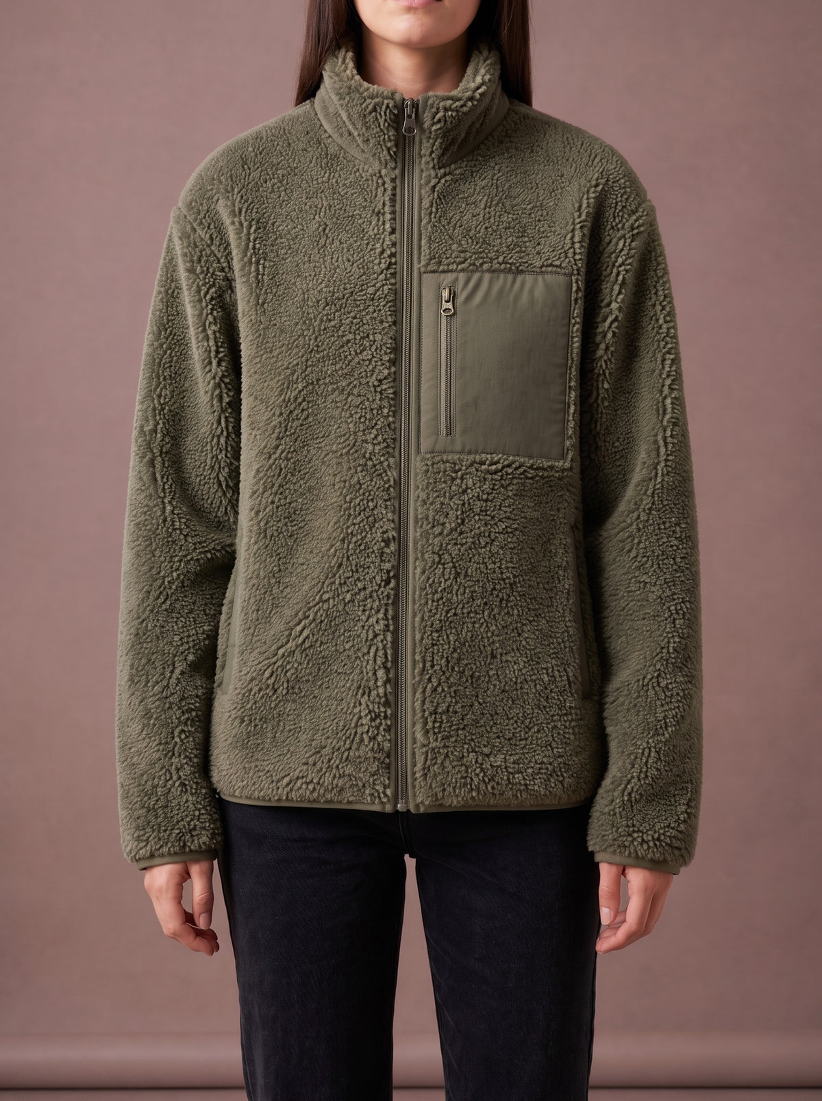 Green teddy fleece jacket for women zipped up, studio view