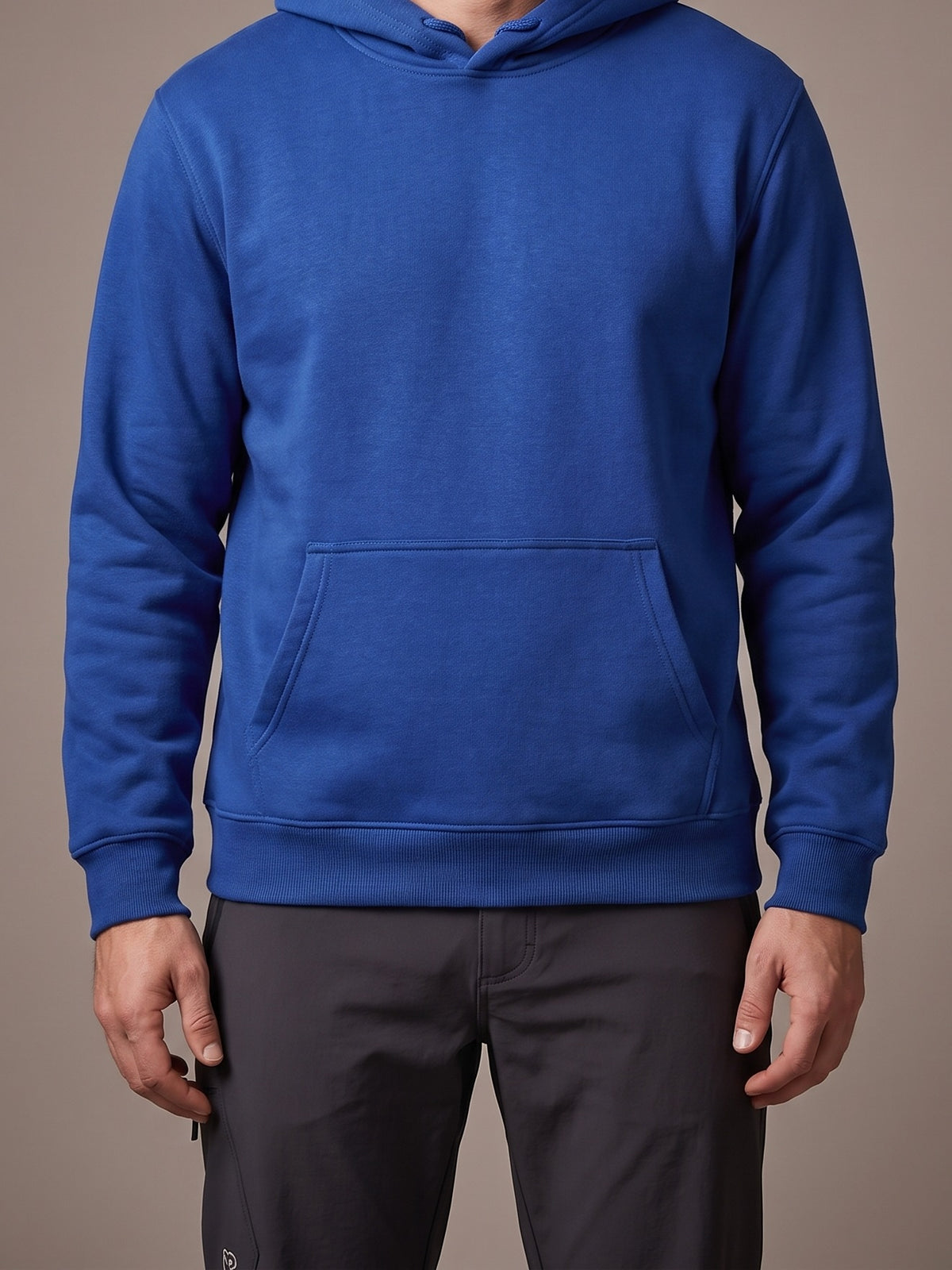 The Fleece Hoodie in blue, pullover with hood and kangaroo pocket