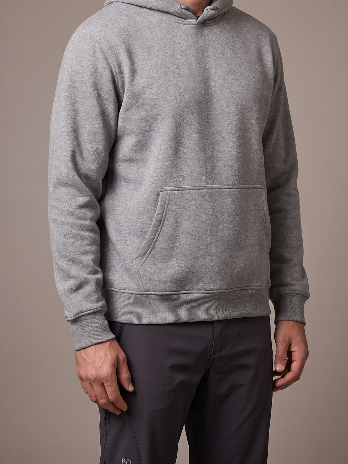 The Fleece Hoodie in grey, pullover with hood and kangaroo pocket