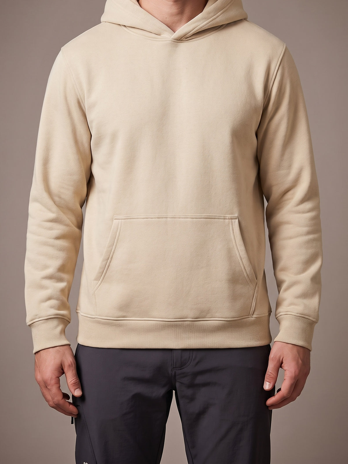 The Fleece Hoodie in khaki, pullover with hood and kangaroo pocket