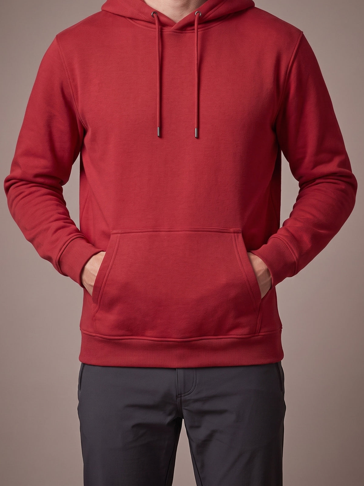 The Fleece Hoodie in red, pullover with hood and kangaroo pocket