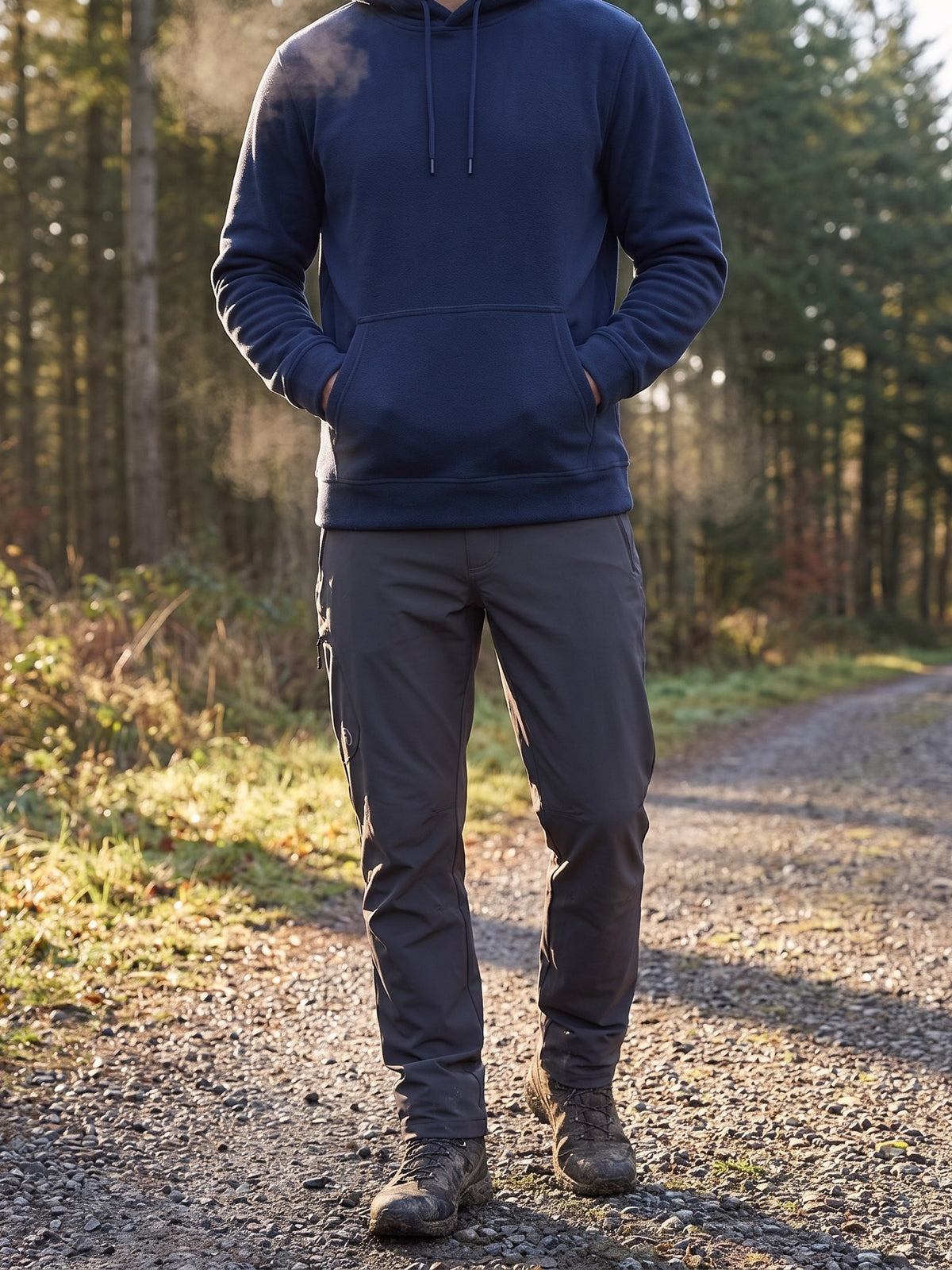 Navy Fleece Hoodie worn with hands in the kangaroo pocket on a forest path
