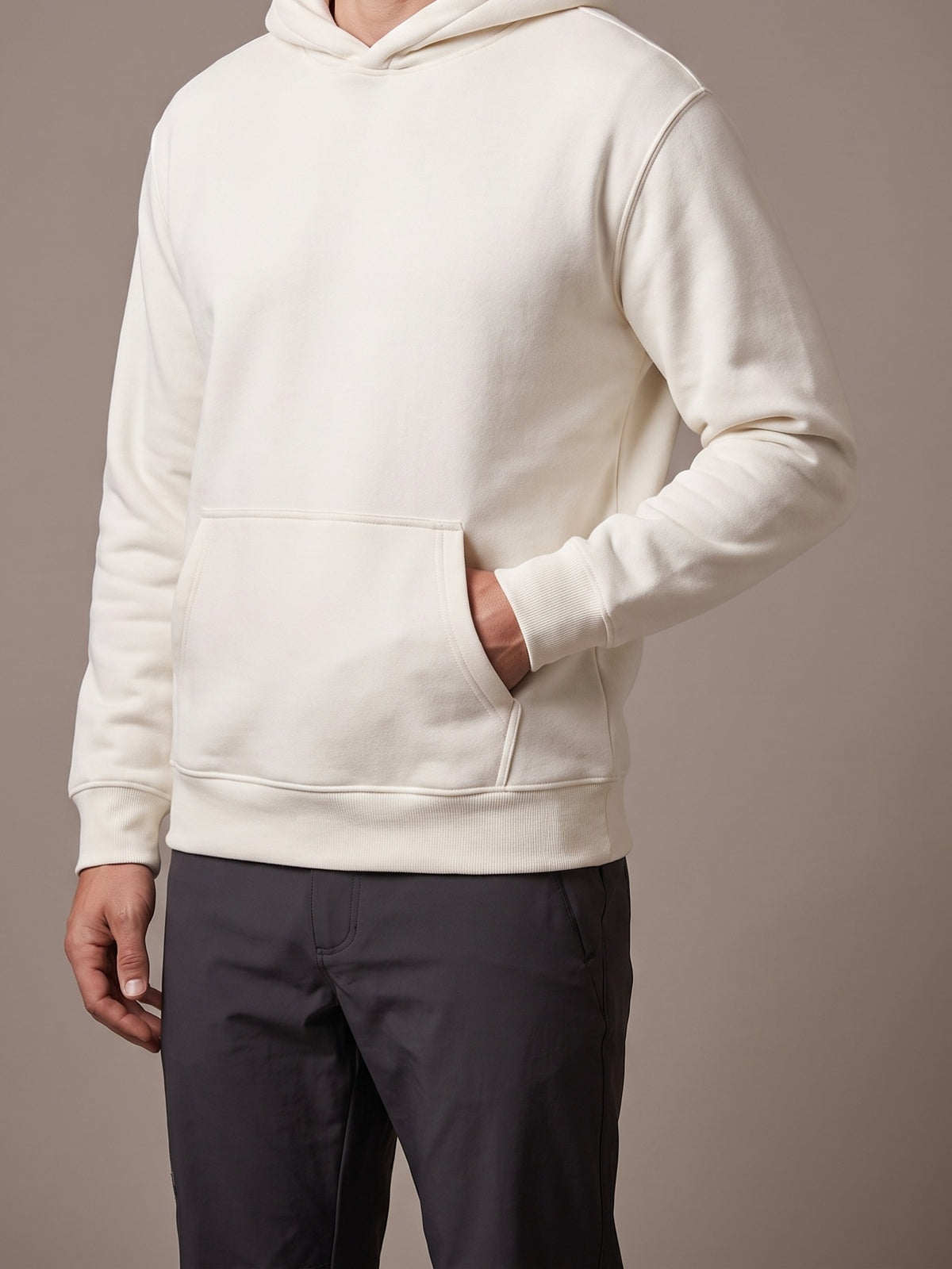 The Fleece Hoodie in white, pullover with hood and kangaroo pocket