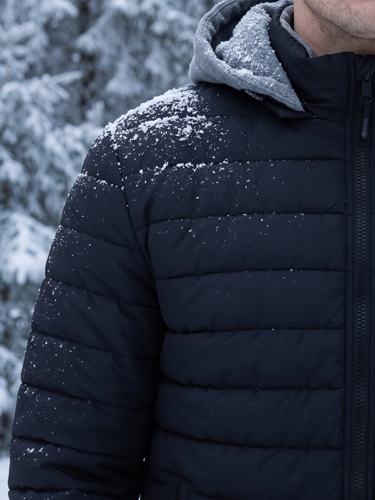 Snow settled on the quilted baffles of a black insulated jacket shoulder, the grey fleece-lined hood at the collar