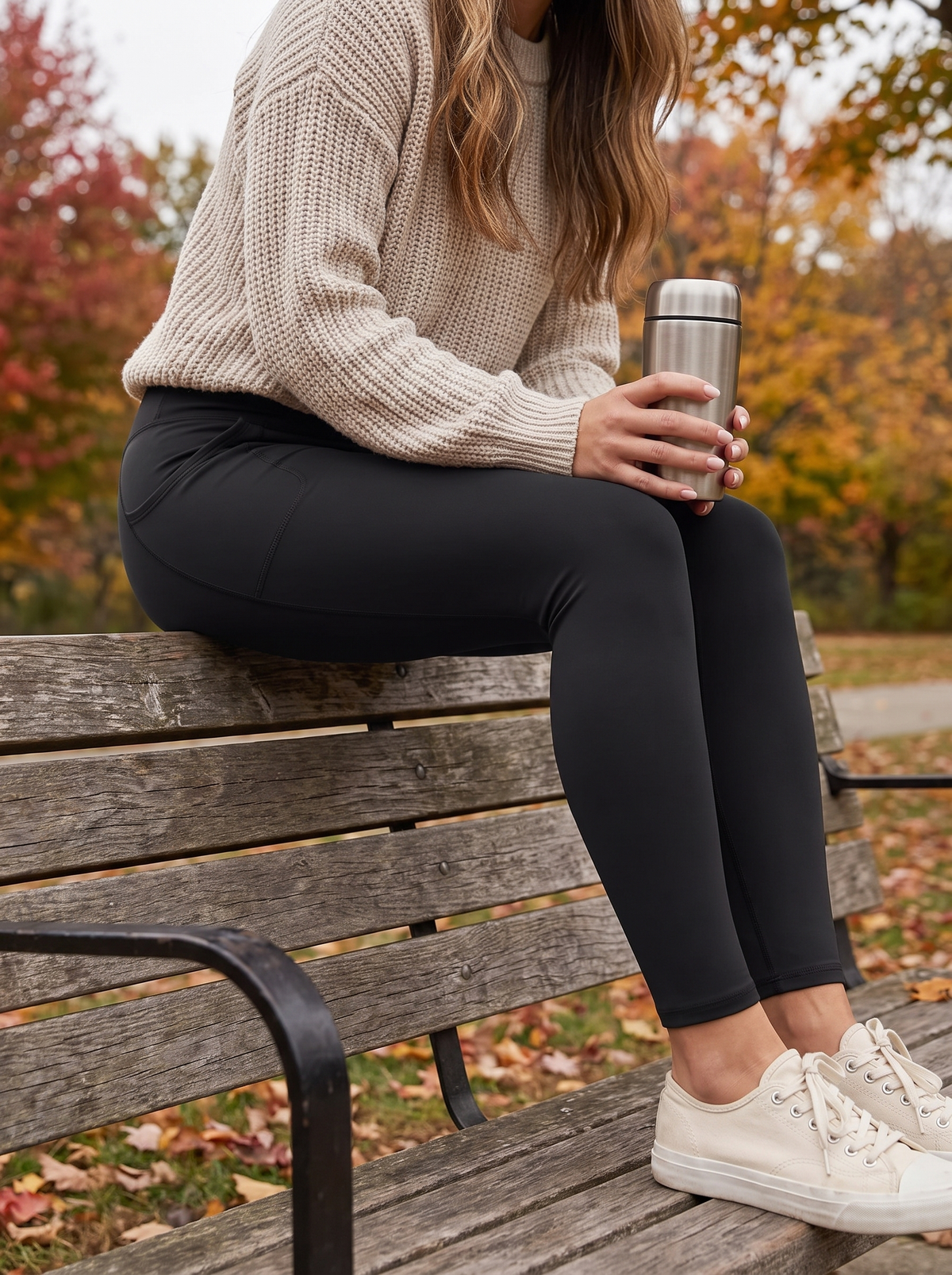 Black high-waist leggings worn on a park bench with a thermos cup