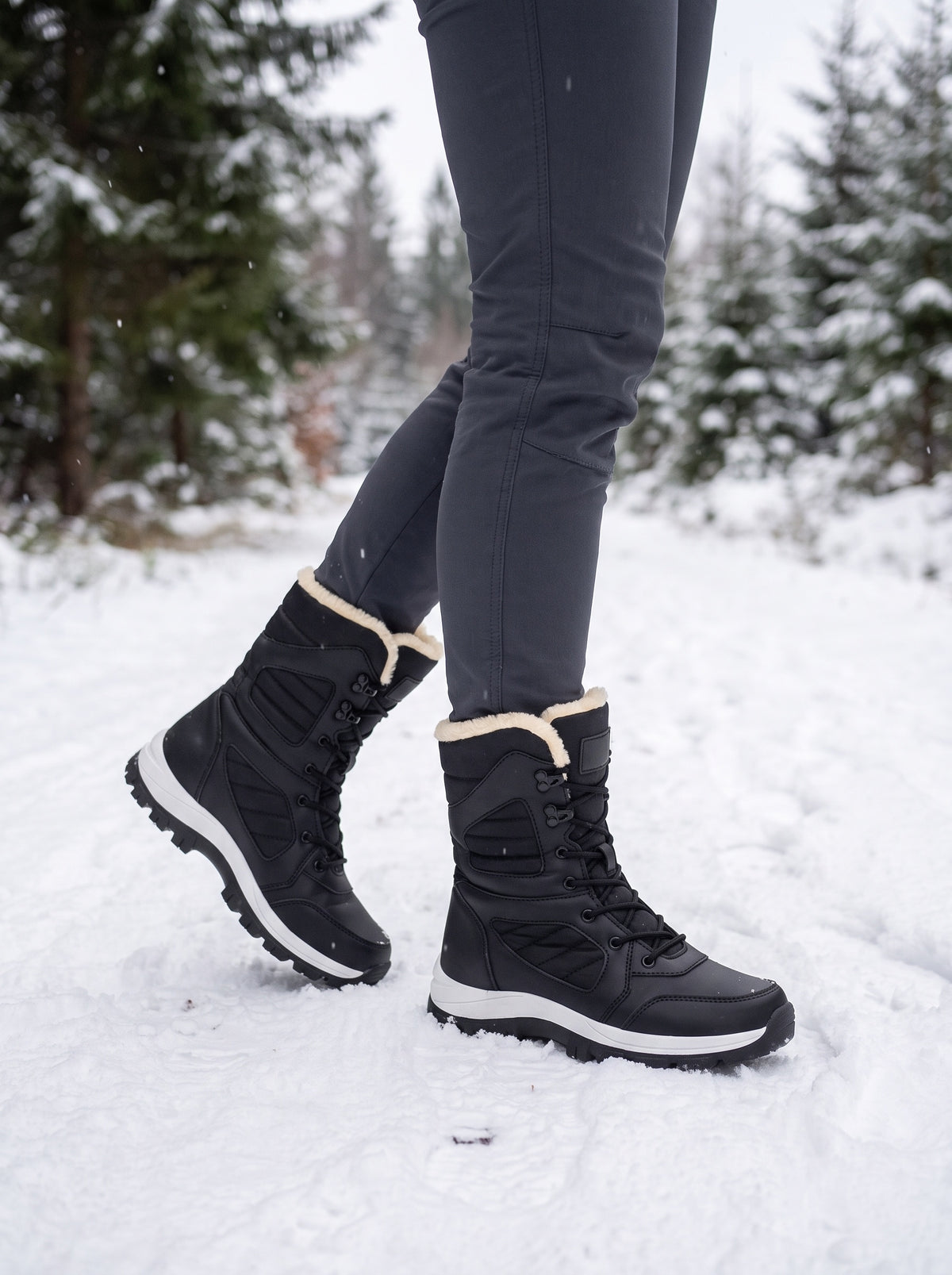 Black lace-up snow boots on a snowy forest trail