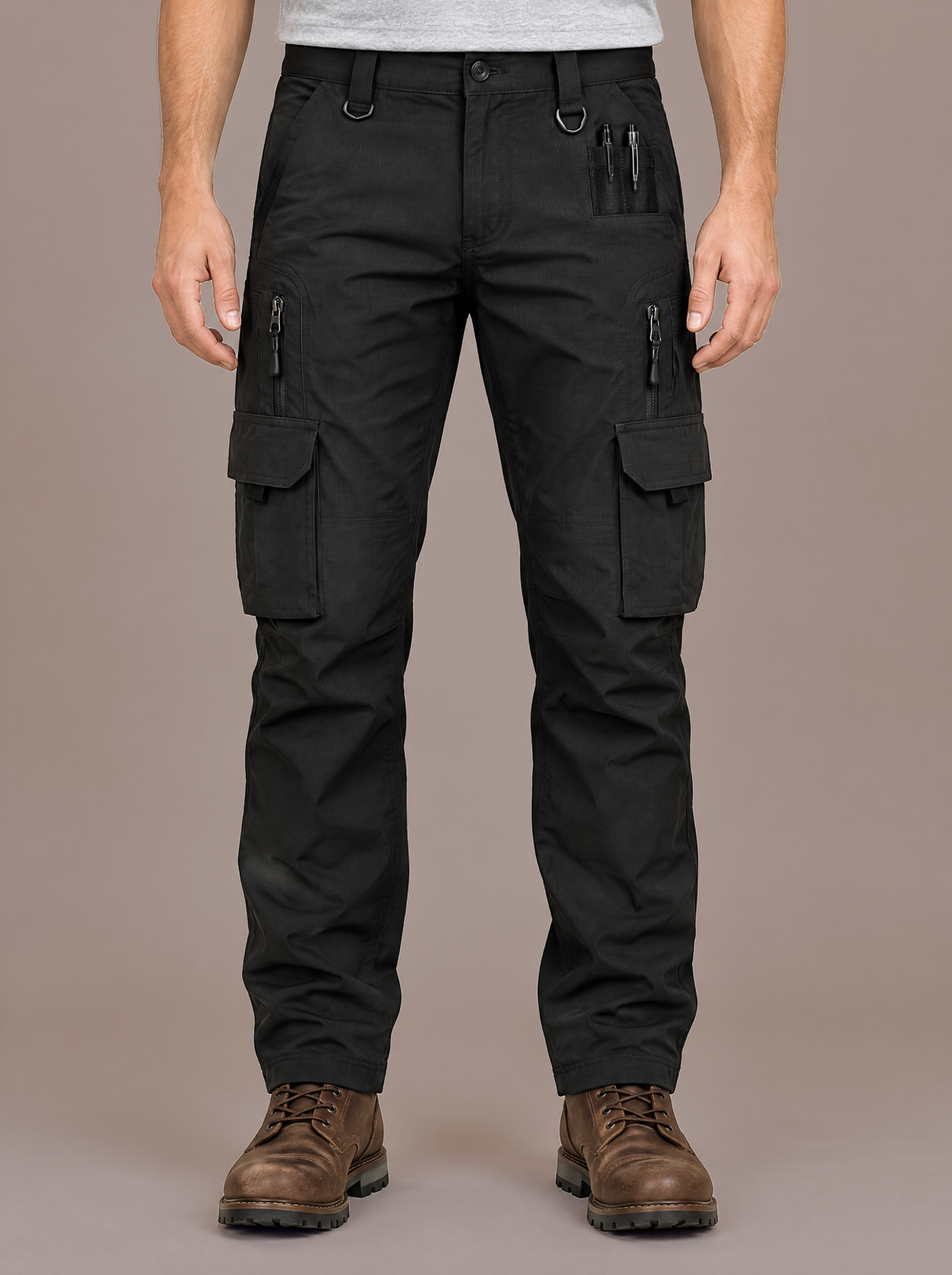 Men's black utility cargo trousers with tool pockets, studio view