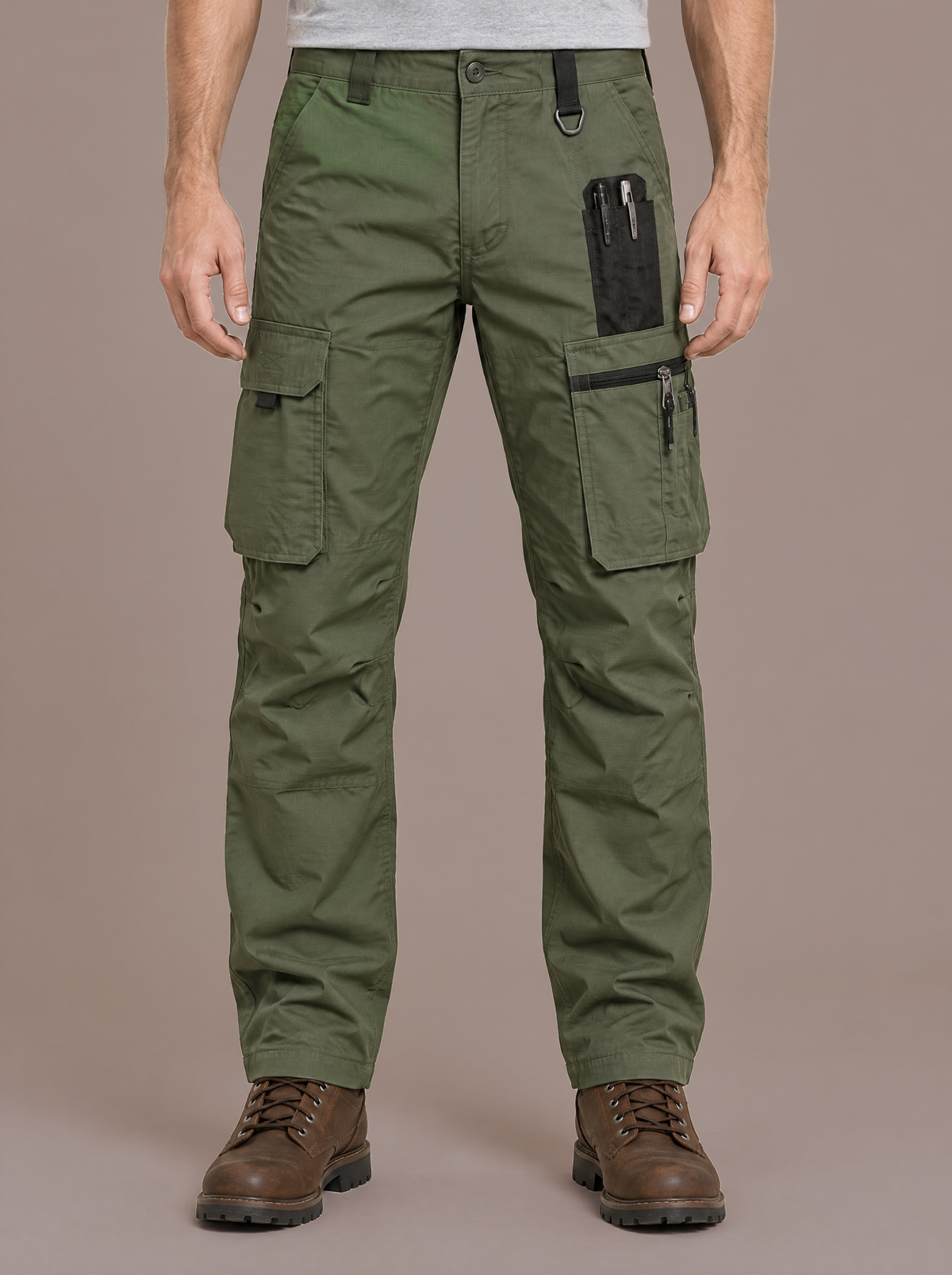 Men's green utility cargo trousers with tool pockets, studio view