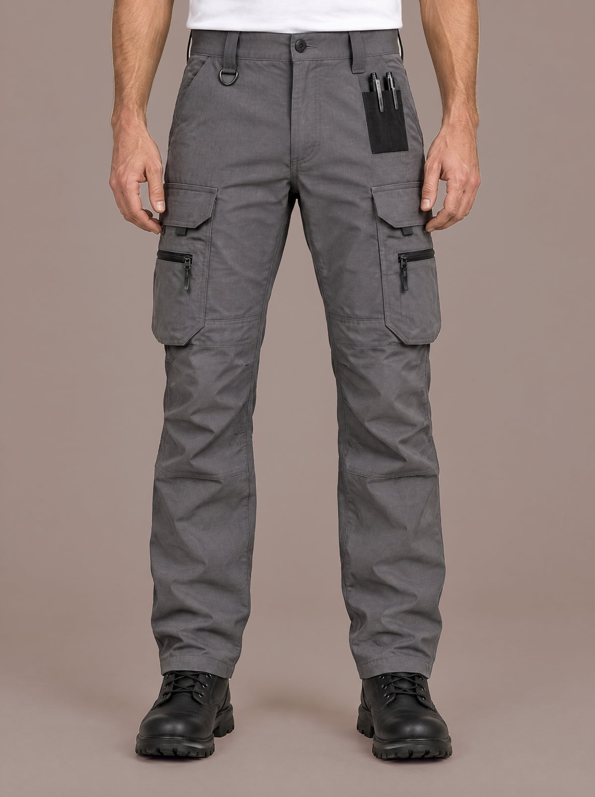 Men's grey utility cargo trousers with tool pockets, studio view