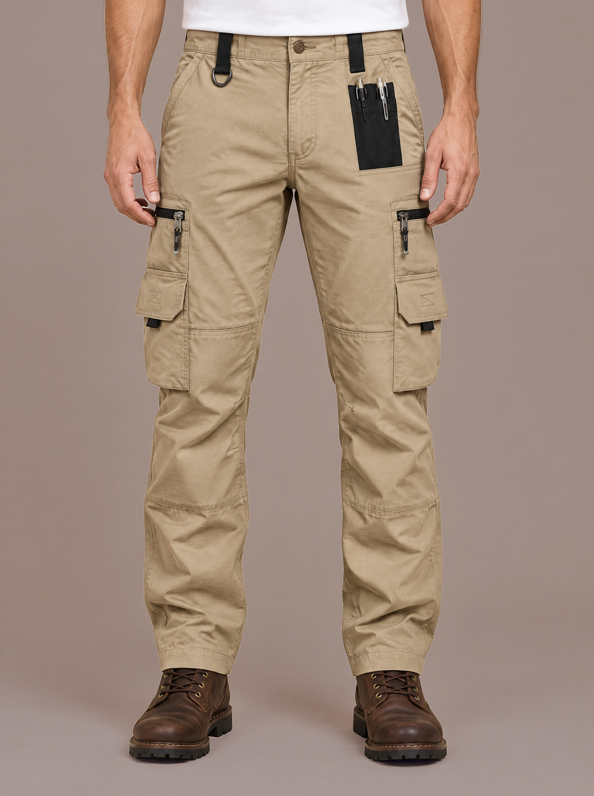 Men's khaki utility cargo trousers with tool pockets, studio view