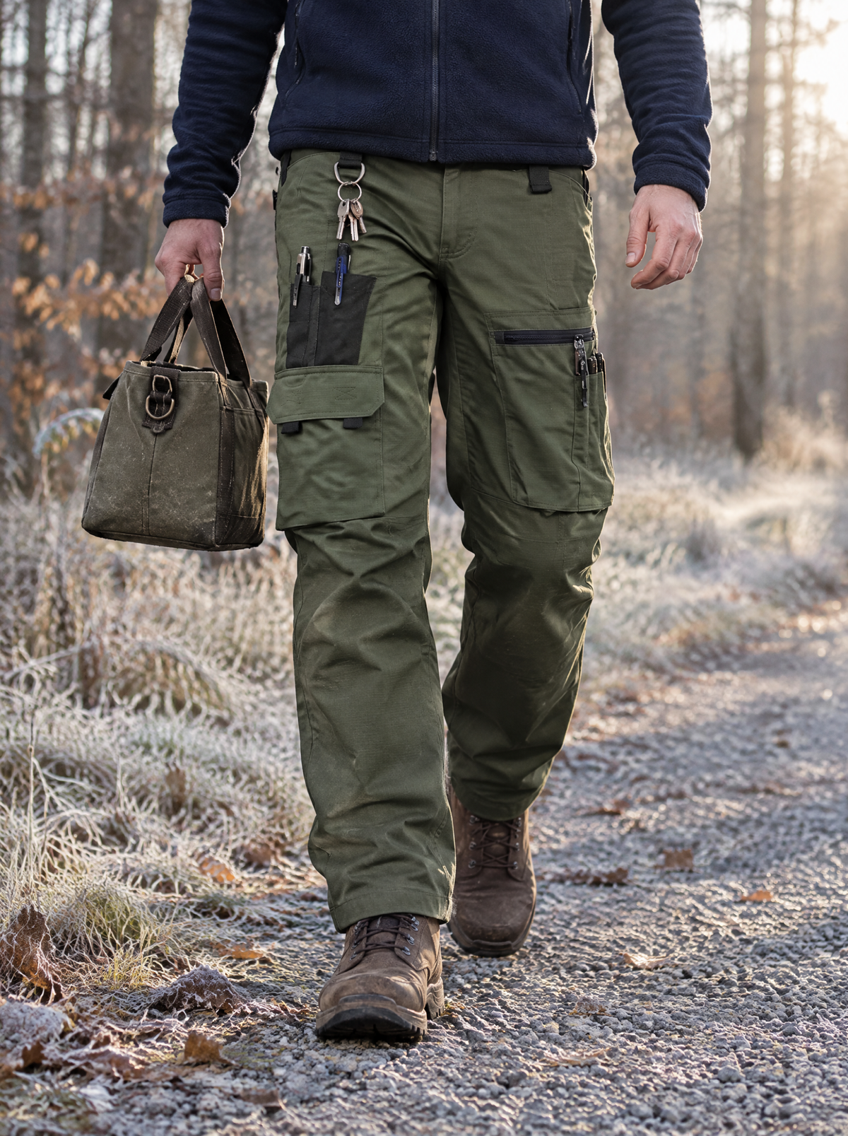 Green utility cargo trousers with keys on the D-ring on a frosty forest track