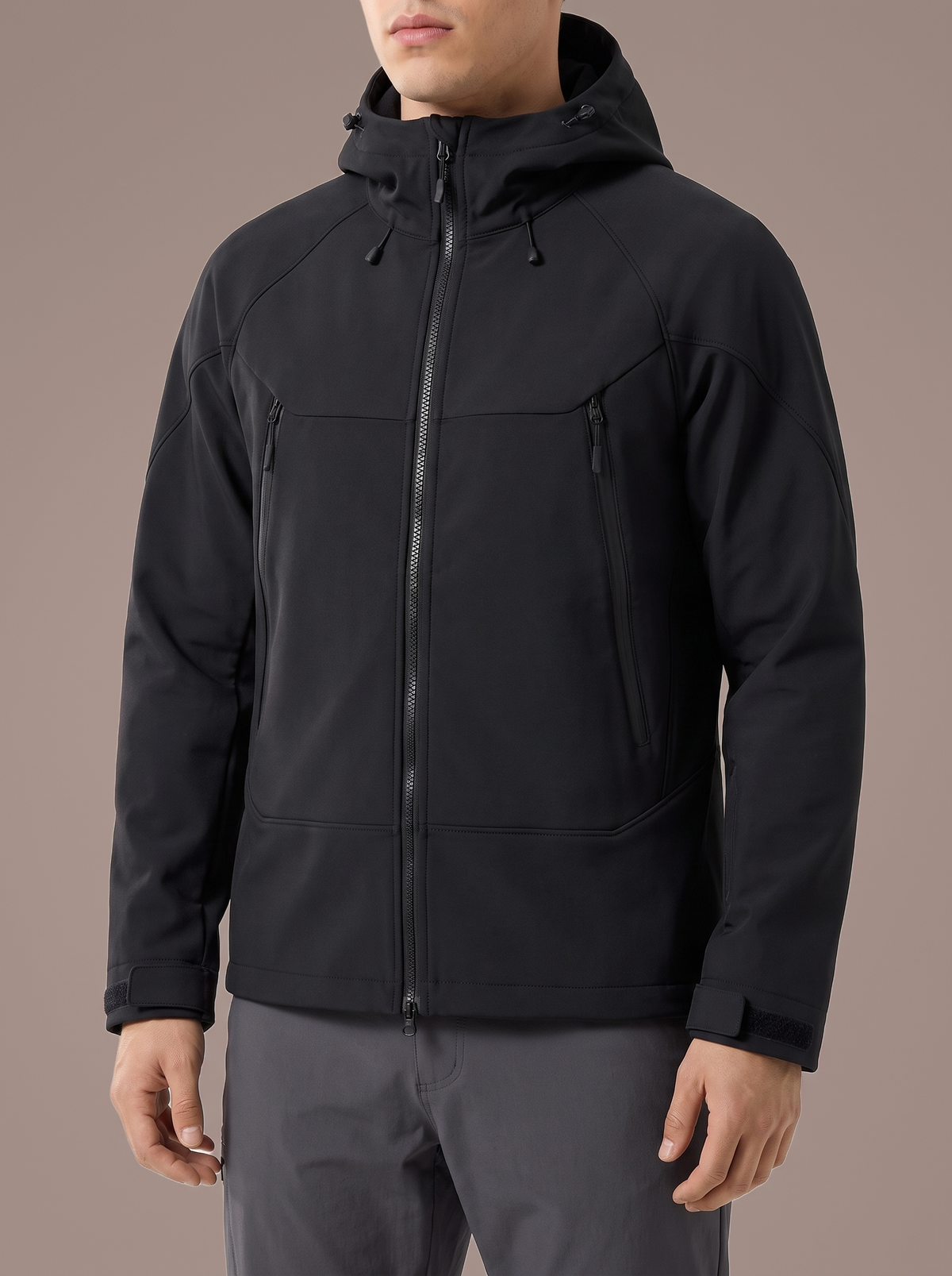 Men's black hooded softshell jacket, studio view