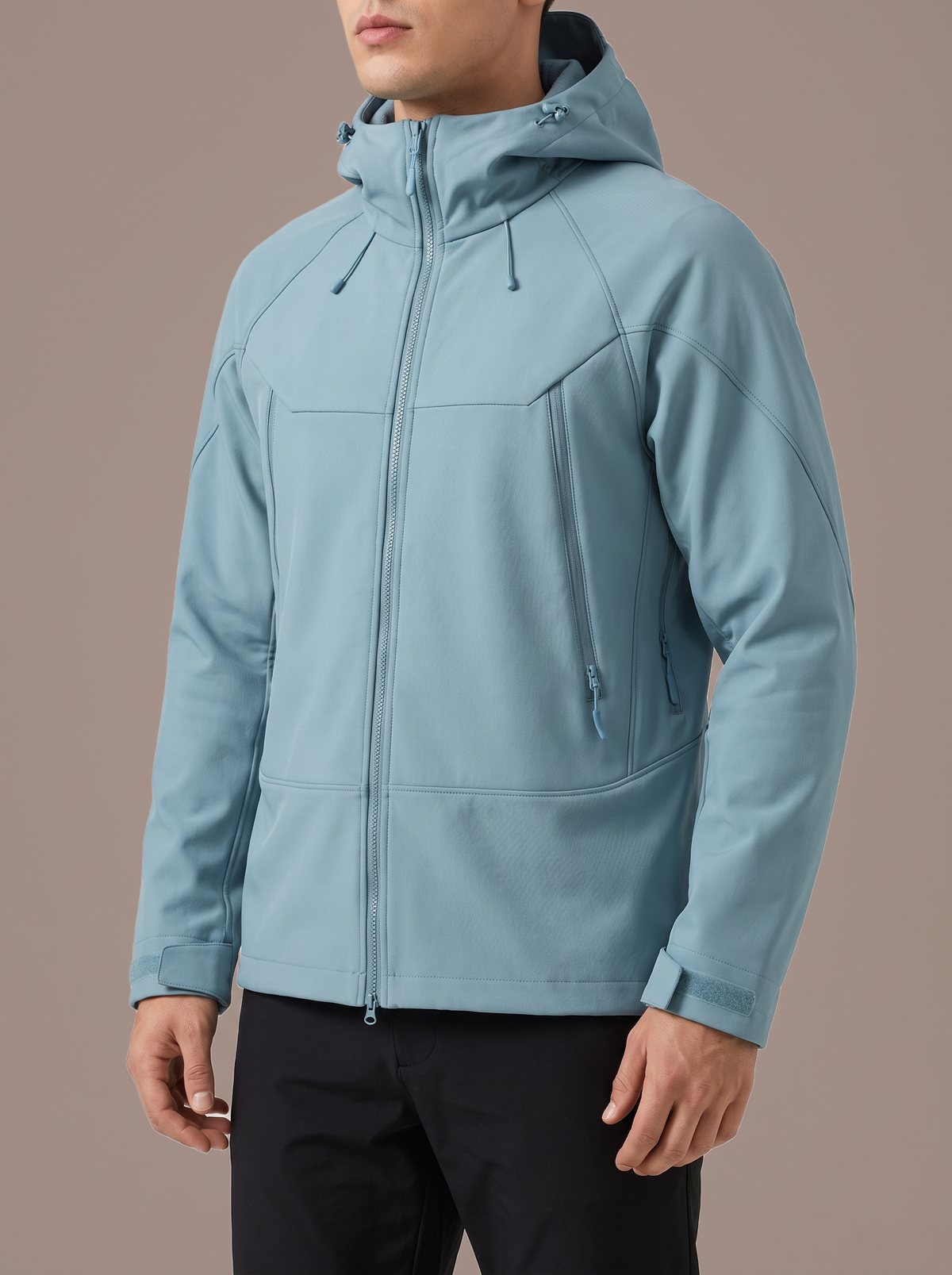 Men's dusty blue hooded softshell jacket, three-quarter studio view